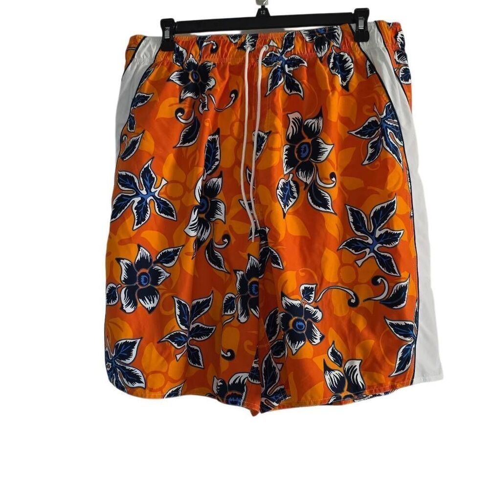Men's Size 2X Orange Blue White Hawaiian Print Swim Trunks